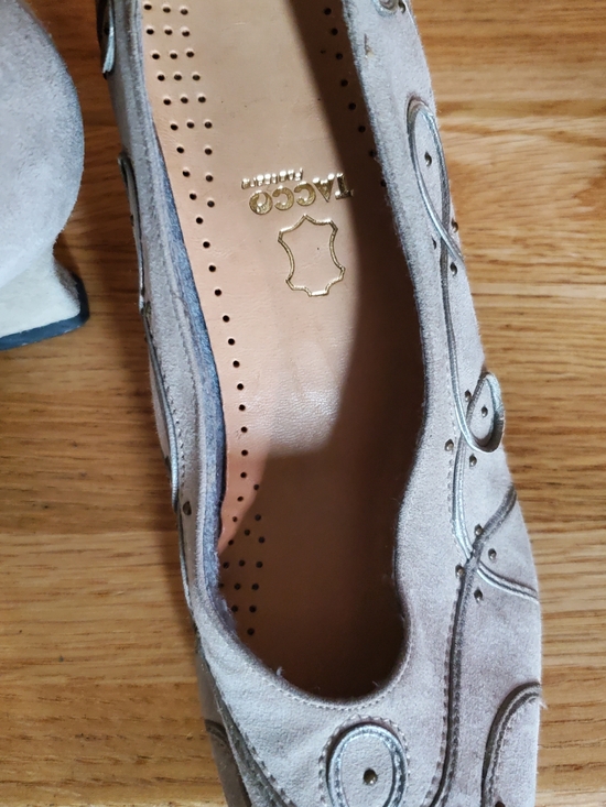 Stuart Weitzman Gray Suede Pointed Toe Flats with Swirl Canvas  Detail
